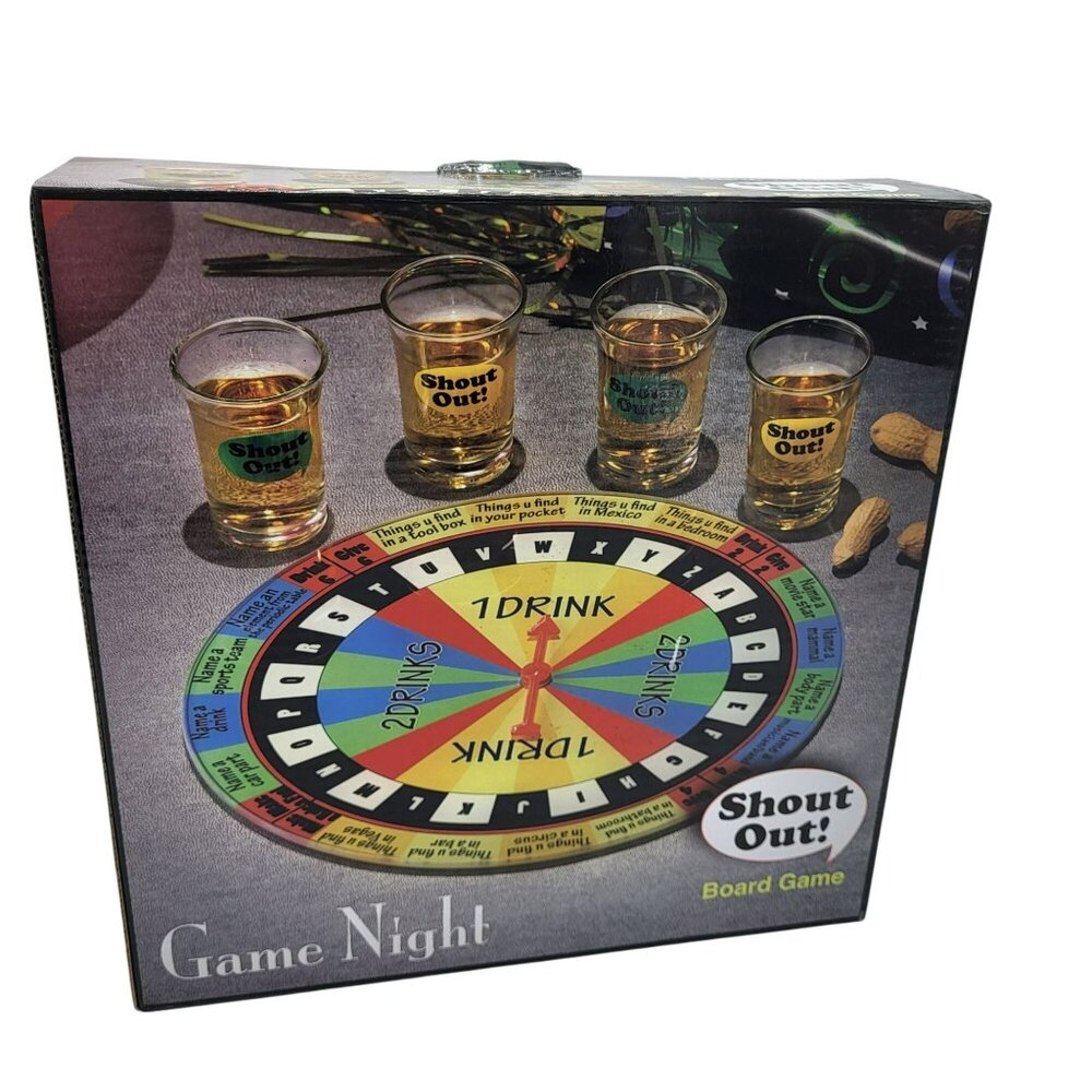 Shout Out! Drinking Board Game Night Set Glass Spin Wheel & Four Shot Glasses